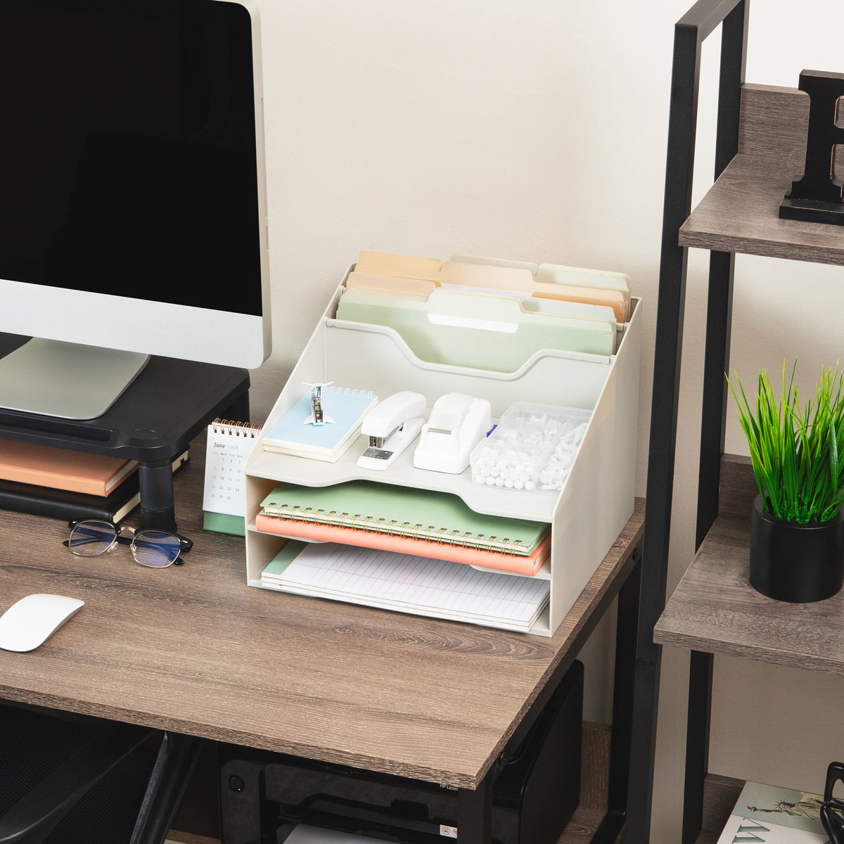 Mind Reader Desktop Organizer, Vertical File Holder, Paper Trays, Office, Plastic, 12.5"L x 11.75"W x 9.5"H, Beige