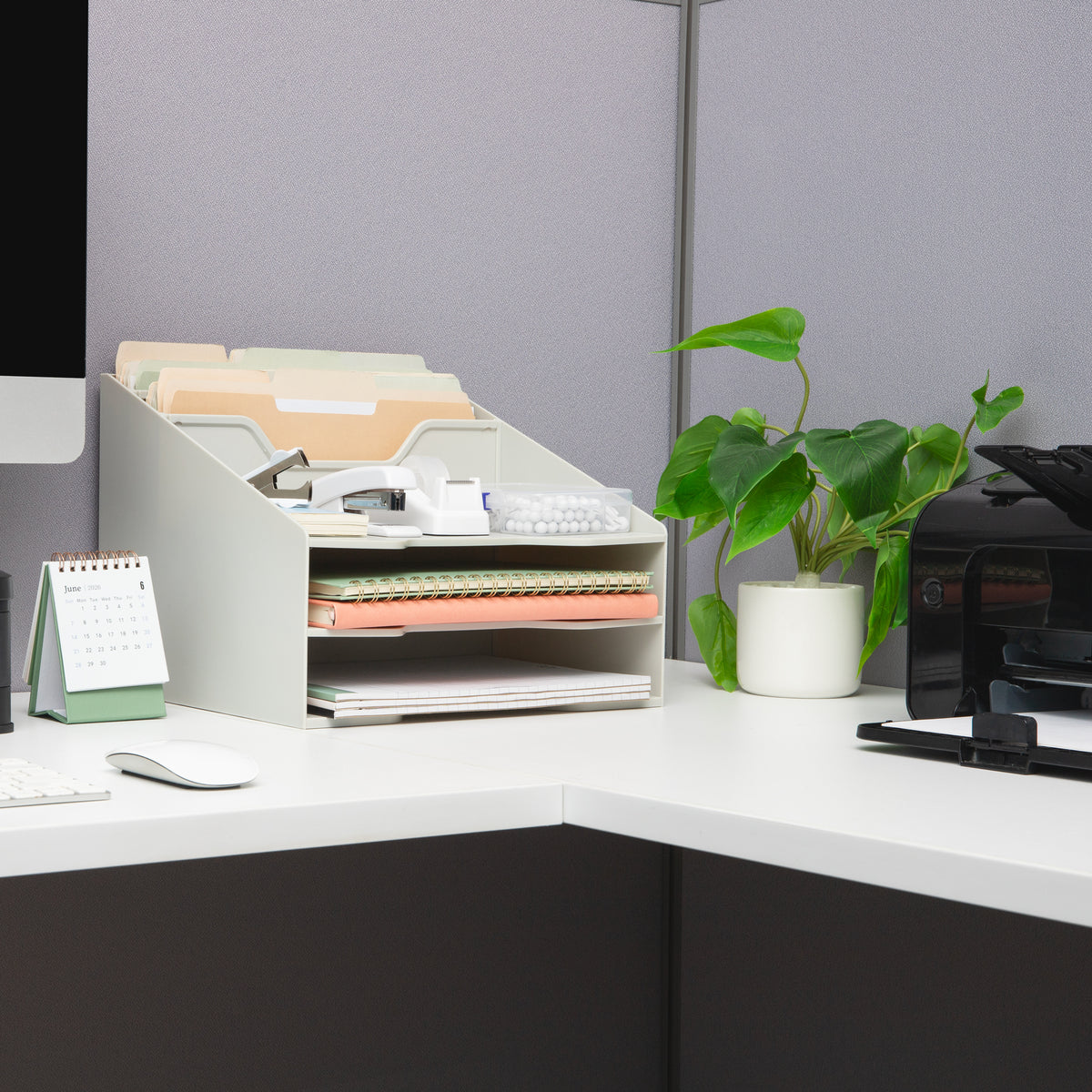 Mind Reader Desktop Organizer, Vertical File Holder, Paper Trays, Office, Plastic, 12.5"L x 11.75"W x 9.5"H, Beige