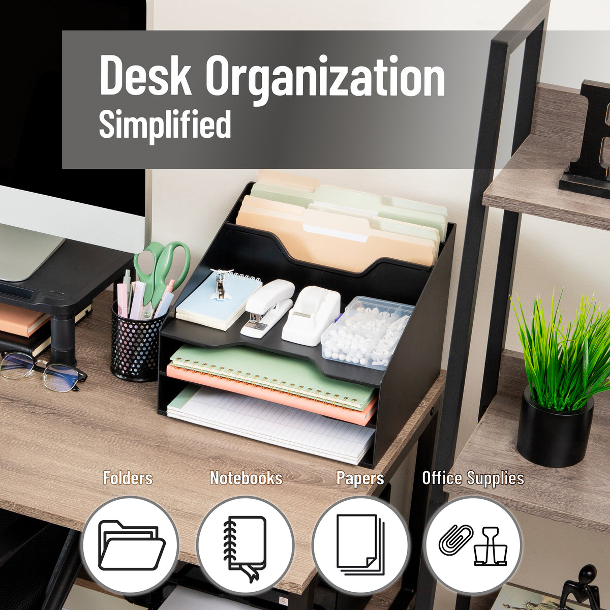 Mind Reader Desktop Organizer, Vertical File Holder, Paper Trays, Office, Plastic, 12.5"L x 11.75"W x 9.5"H, Beige