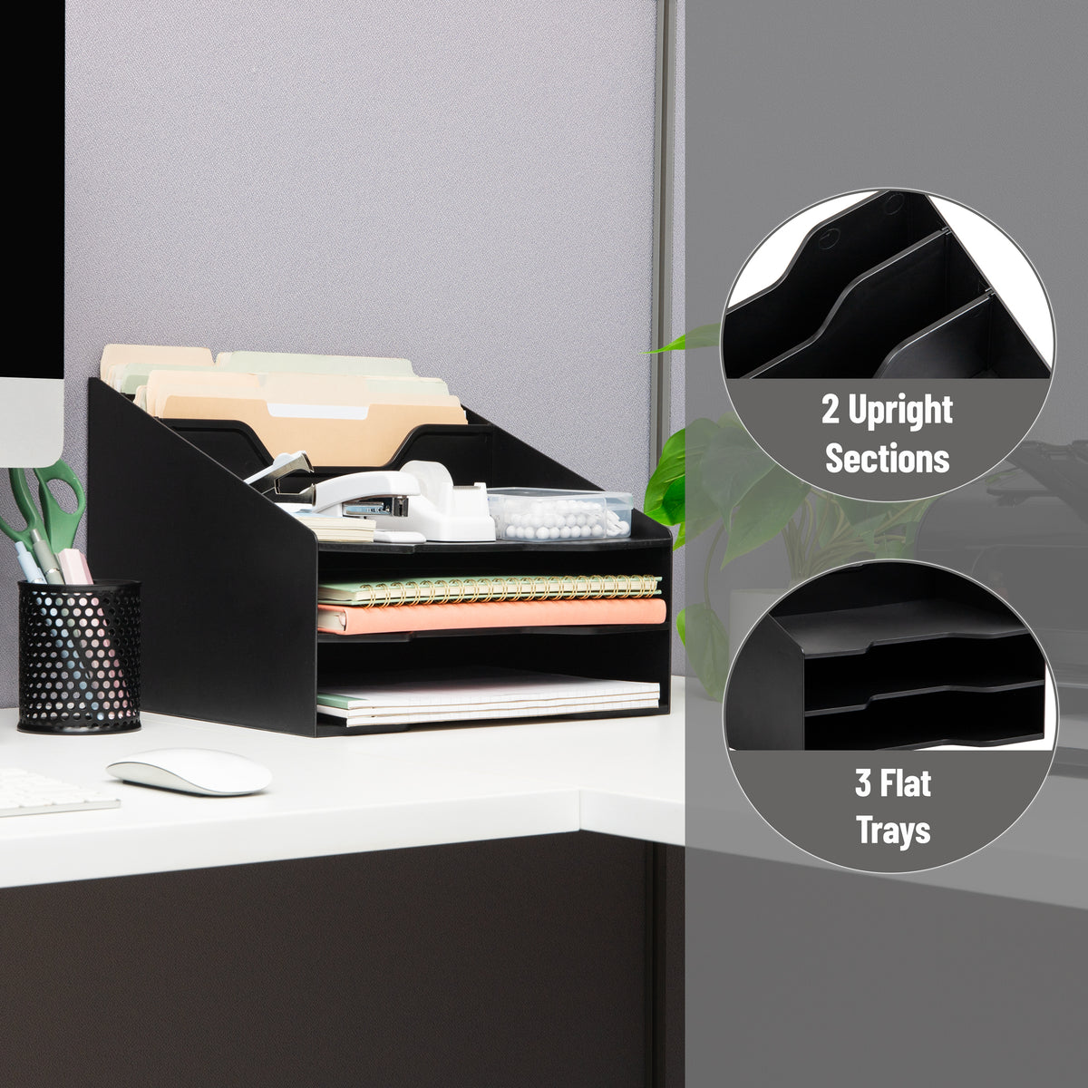Mind Reader Desktop Organizer, Vertical File Holder, Paper Trays, Office, Plastic, 12.5"L x 11.75"W x 9.5"H, Beige