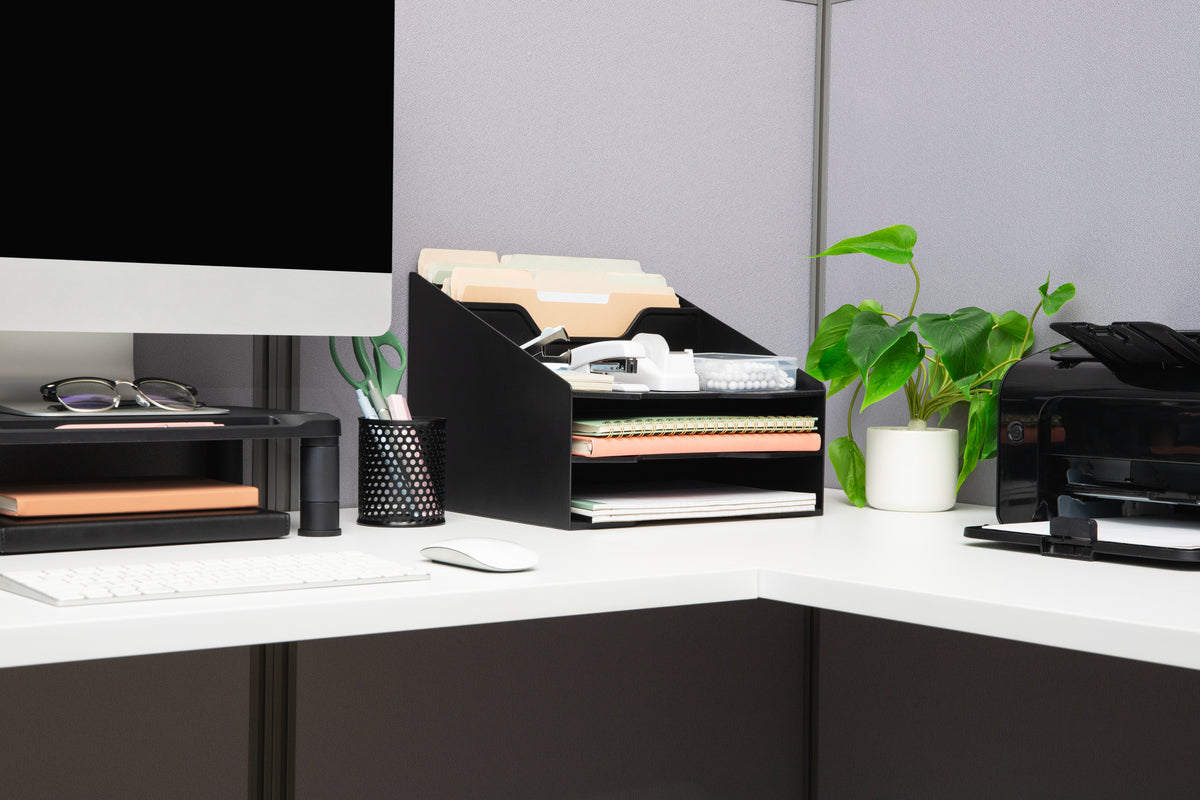 Mind Reader Desktop Organizer, Vertical File Holder, Paper Trays, Office, Plastic, 12.5"L x 11.75"W x 9.5"H, Beige