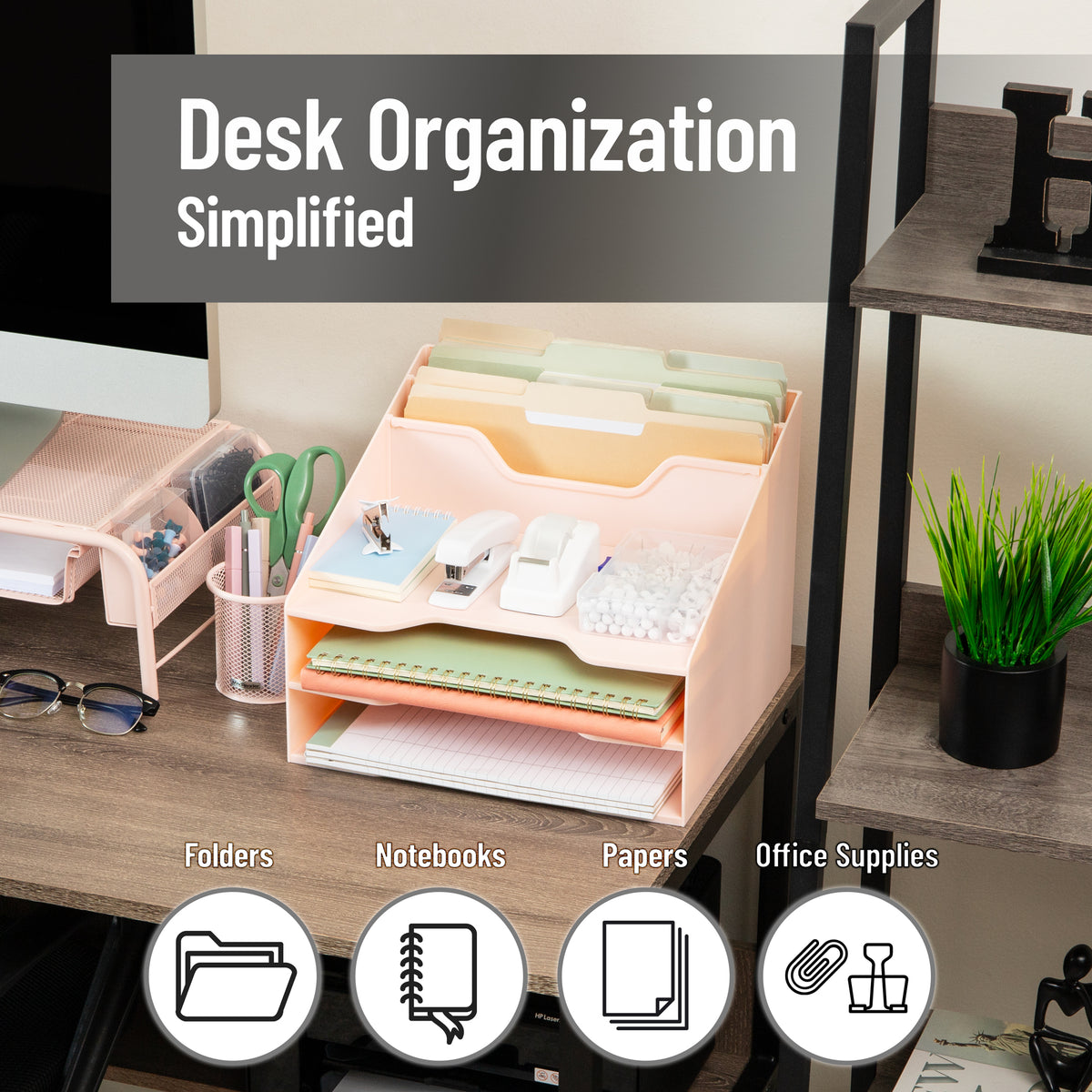 Mind Reader Desktop Organizer, Vertical File Holder, Paper Trays, Office, Plastic, 12.5"L x 11.75"W x 9.5"H, Beige