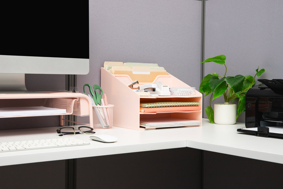 Mind Reader Desktop Organizer, Vertical File Holder, Paper Trays, Office, Plastic, 12.5"L x 11.75"W x 9.5"H, Beige