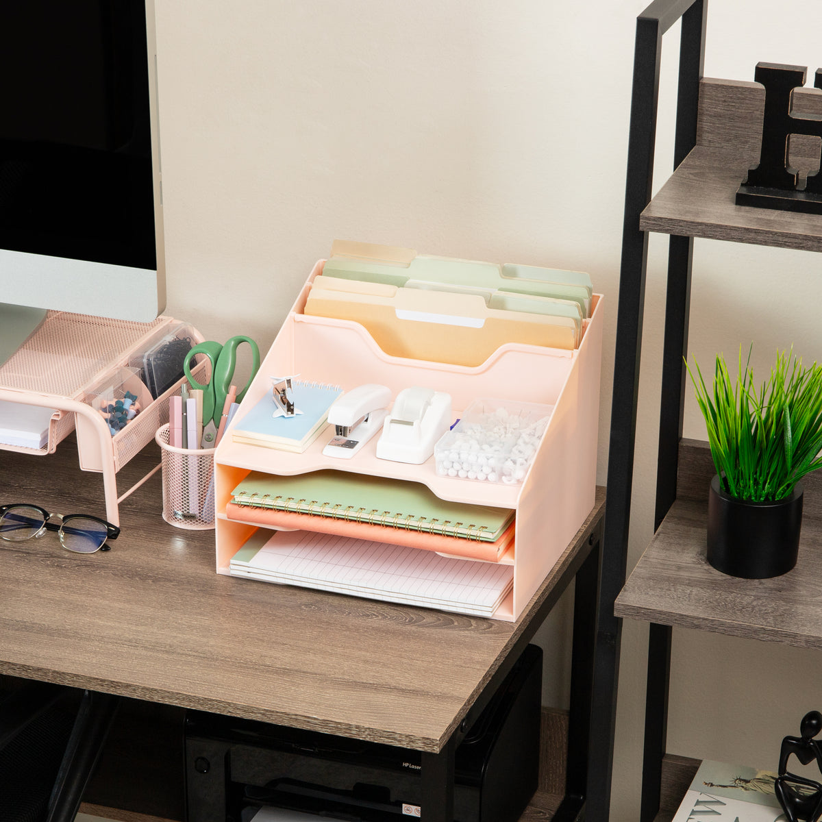 Mind Reader Desktop Organizer, Vertical File Holder, Paper Trays, Office, Plastic, 12.5"L x 11.75"W x 9.5"H, Beige