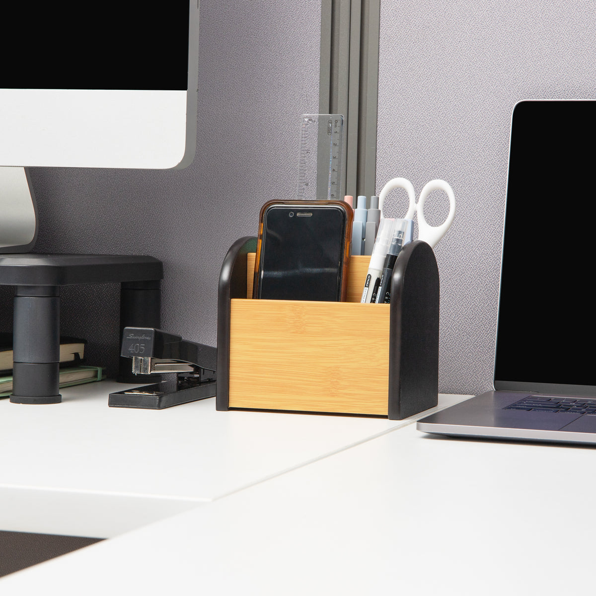 Mind Reader Desktop Organizer with 4 Compartments, Natural Wood and Matte Finish Sides, Compact Desk Storage, Wood