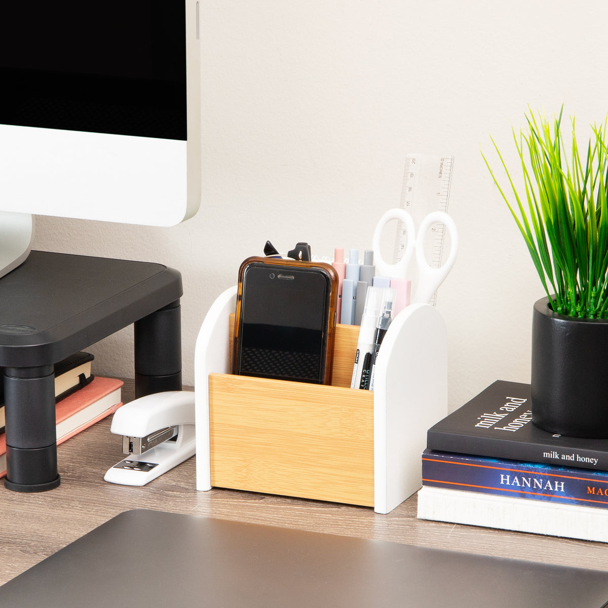 Mind Reader Desktop Organizer with 4 Compartments, Natural Wood and Matte Finish Sides, Compact Desk Storage, Wood