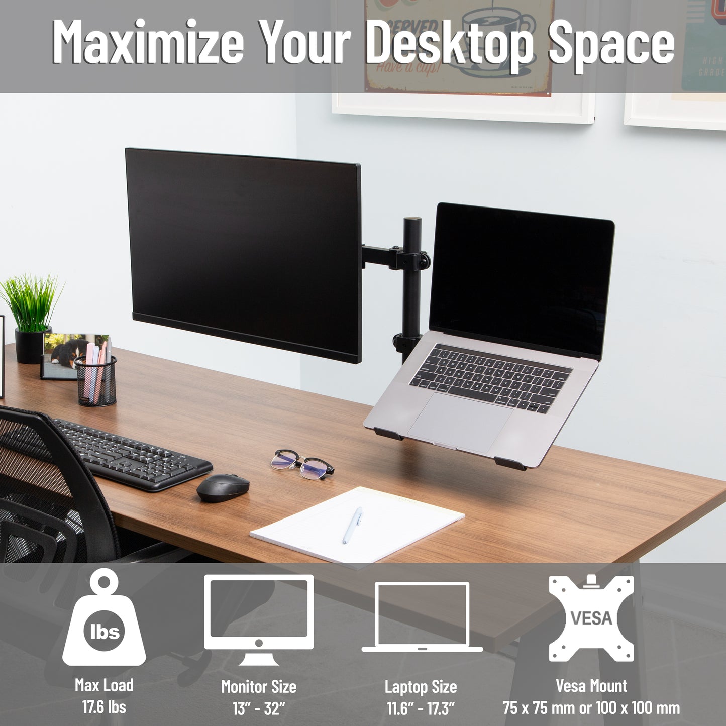 Mind Reader Dual Arm Monitor and Laptop Desk Mount, Adjustable Stand for 17"–32" Screens, VESA 75x75/100x100, 180° Rotation, ±90° Swivel, ±90° Tilt, Black