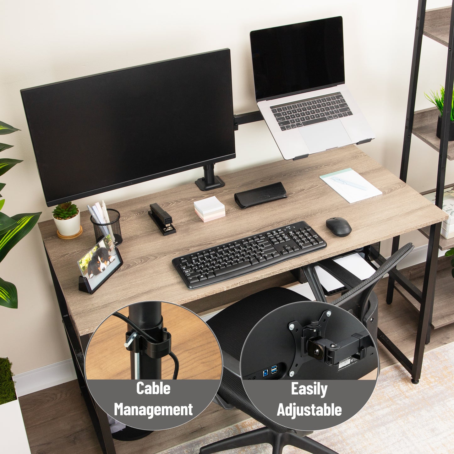Mind Reader Dual Arm Monitor and Laptop Desk Mount, Adjustable Stand for 17"–32" Screens, VESA 75x75/100x100, 180° Rotation, ±90° Swivel, ±90° Tilt, Black