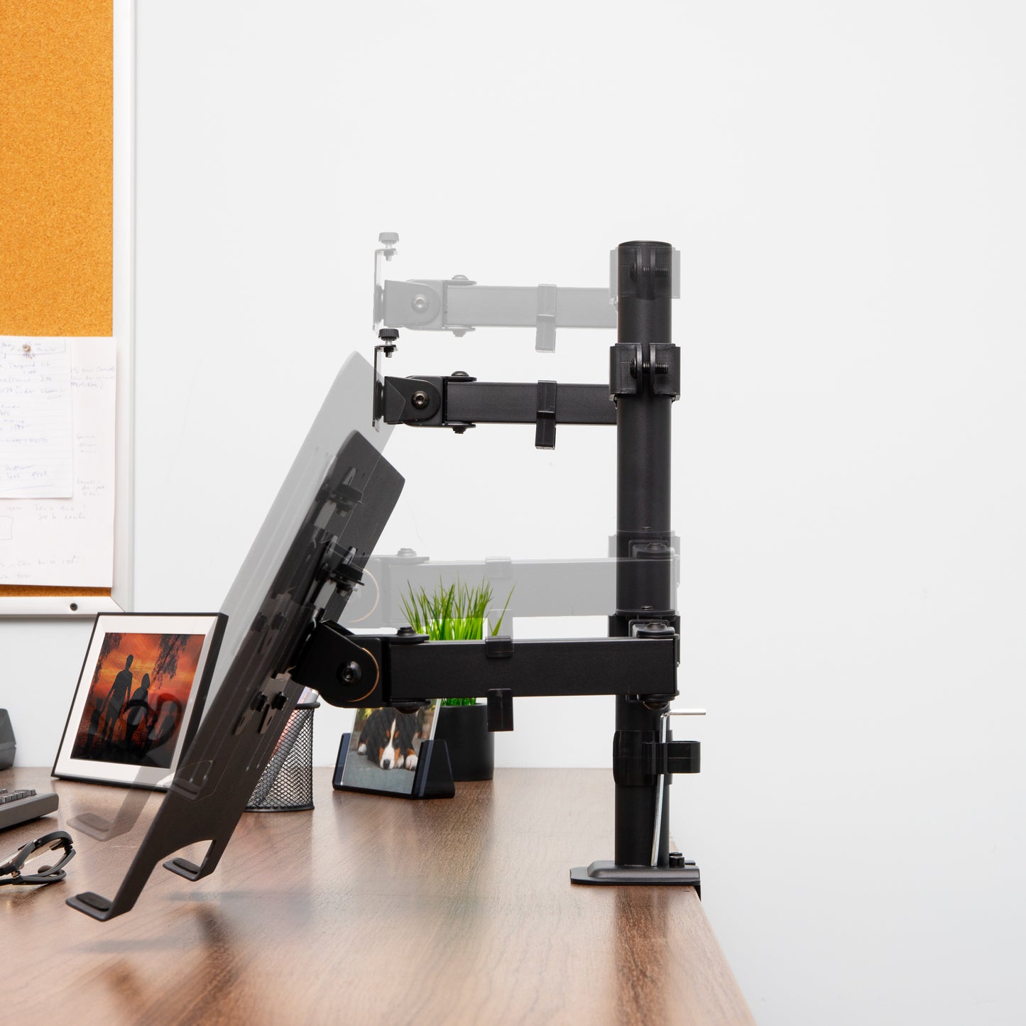 Mind Reader Dual Arm Monitor and Laptop Desk Mount, Adjustable Stand for 17"–32" Screens, VESA 75x75/100x100, 180° Rotation, ±90° Swivel, ±90° Tilt, Black