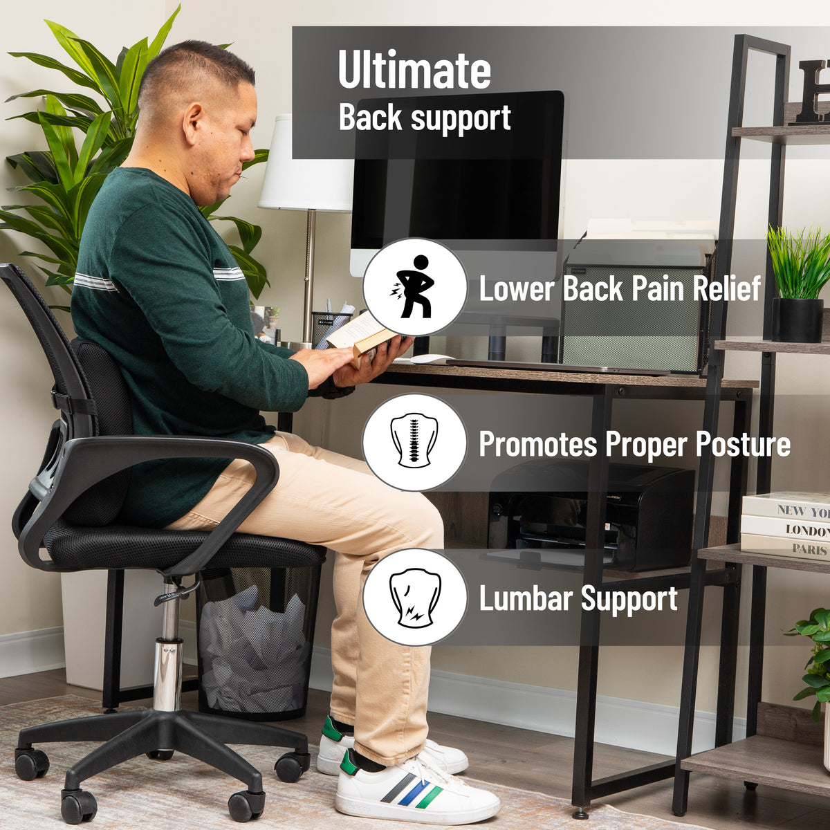 Mind Reader Lumbar Support Pillow with Air-Cloud Technology, Office Chair Back Cushion, Memory Foam, Black