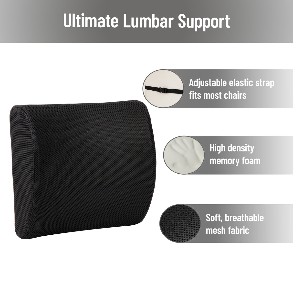Mind Reader Lumbar Support Pillow with Air-Cloud Technology, Office Chair Back Cushion, Memory Foam, Black