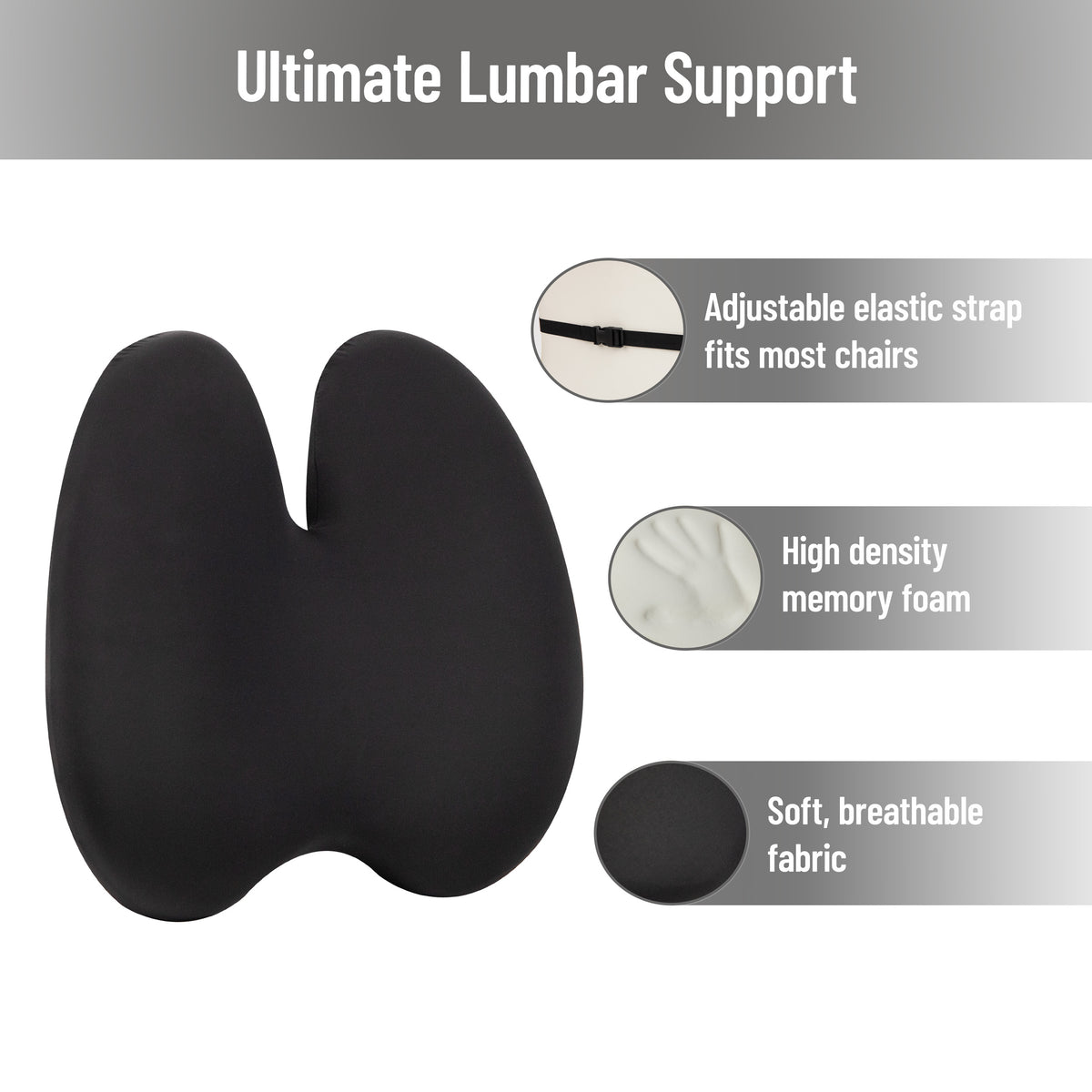 Mind Reader Lumbar Support Pillow with Air-Cloud Technology, Office Chair Back Cushion, Memory Foam, Black