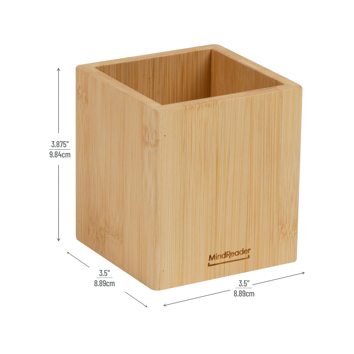 Mind Reader Pen Cup, Accessory Holder, Desktop Organization, Office, Bamboo, 3.5"L x 3.5"W x 3.875"H, Brown