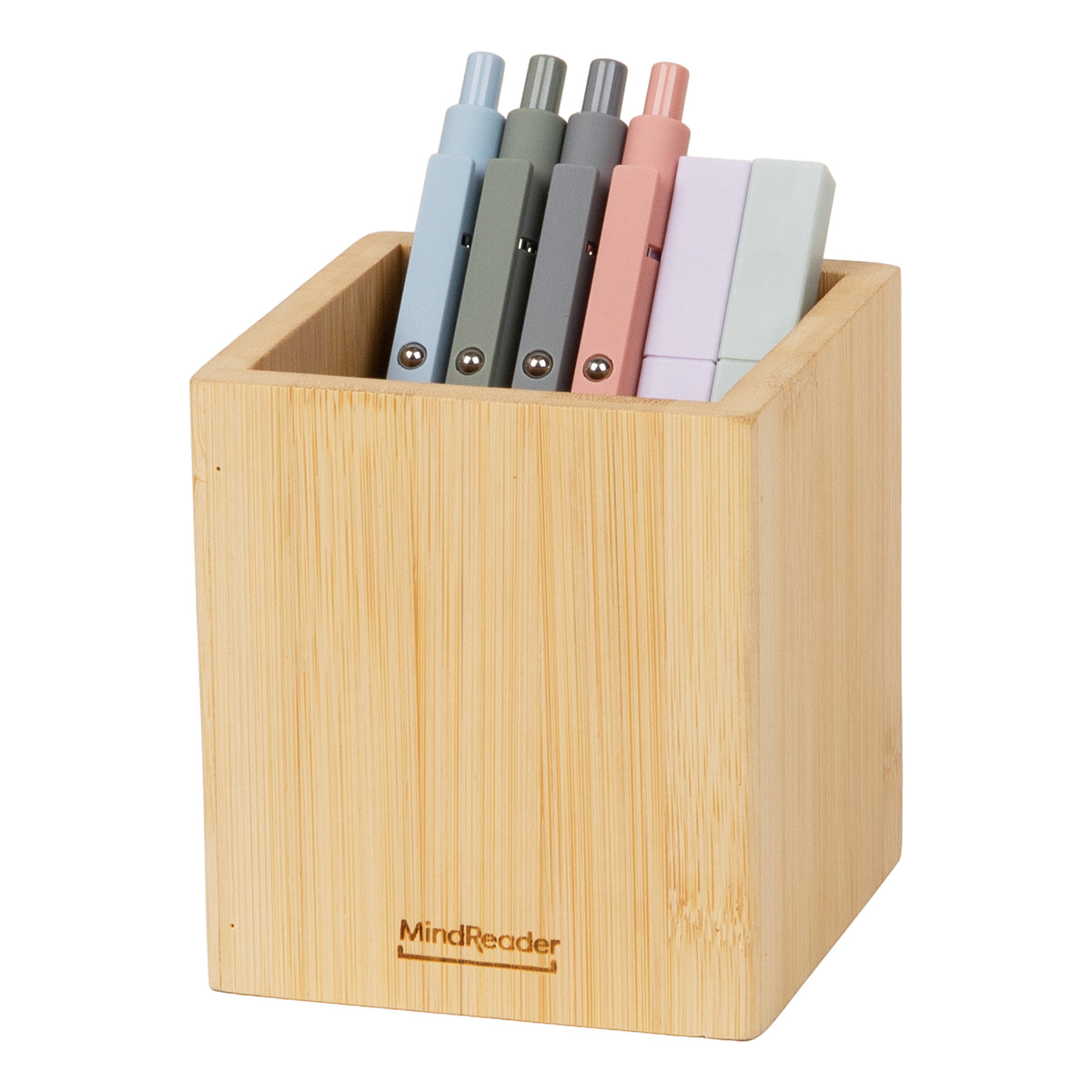 Mind Reader Pen Cup, Accessory Holder, Desktop Organization, Office, Bamboo, 3.5"L x 3.5"W x 3.875"H, Brown