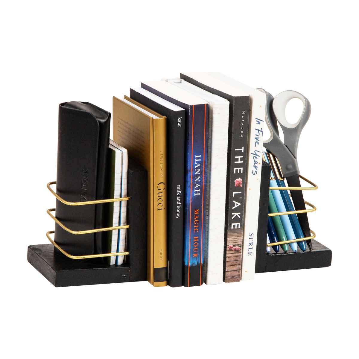 Mind Reader Decorative Basket Bookends, Office Decor with Storage, Wood and Metal, Set of 2, Black and Gold