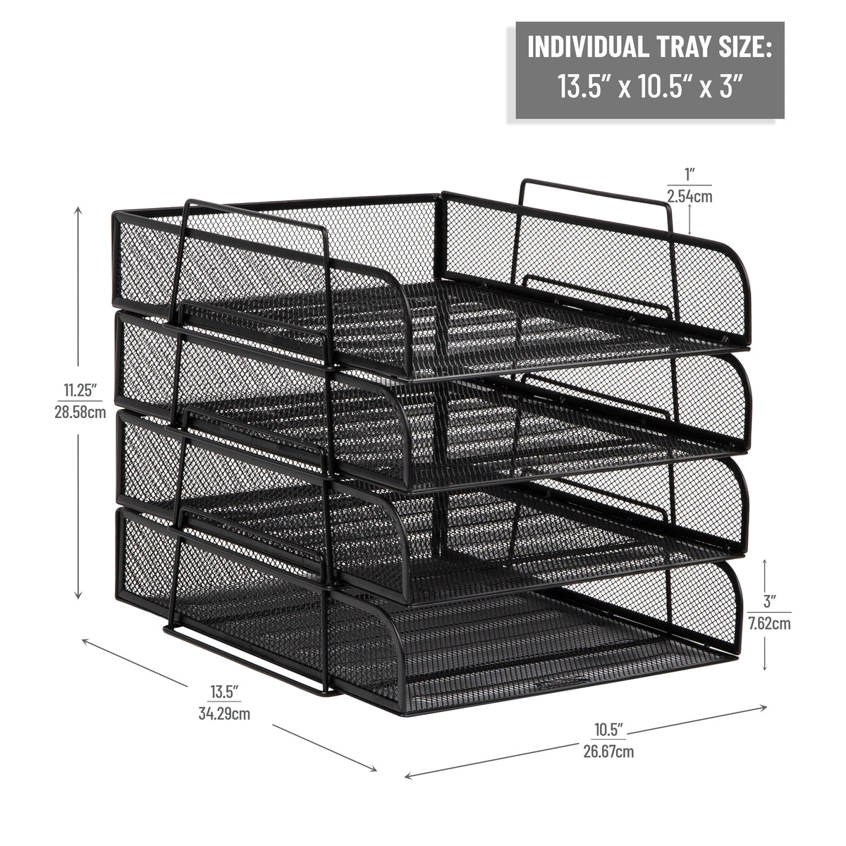 Mind Reader Stackable Paper Tray, Desktop Organizer, File Storage, Office, Metal Mesh, 10.5"L x13.5"W x11.25"H, 4 Pcs., Black