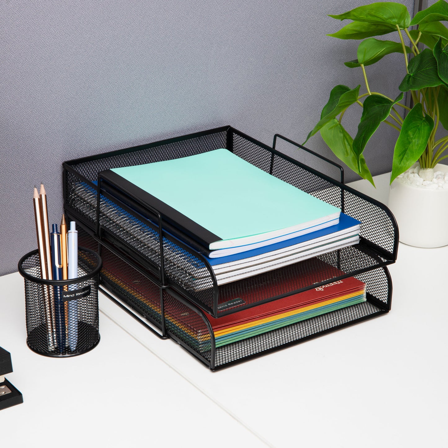Mind Reader Stackable Paper Tray, Desktop Organizer, File Storage, Office, Metal Mesh, 10.5"L x13.5"W x11.25"H, 4 Pcs., Black