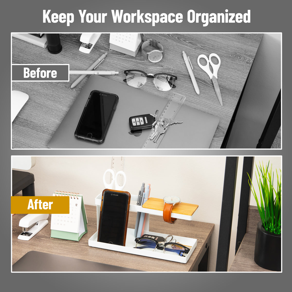 Mind Reader Desktop Organizer, Steel and Wood Desktop Dock, Catchall Tray for Phone, Wallet, Watch, Keys