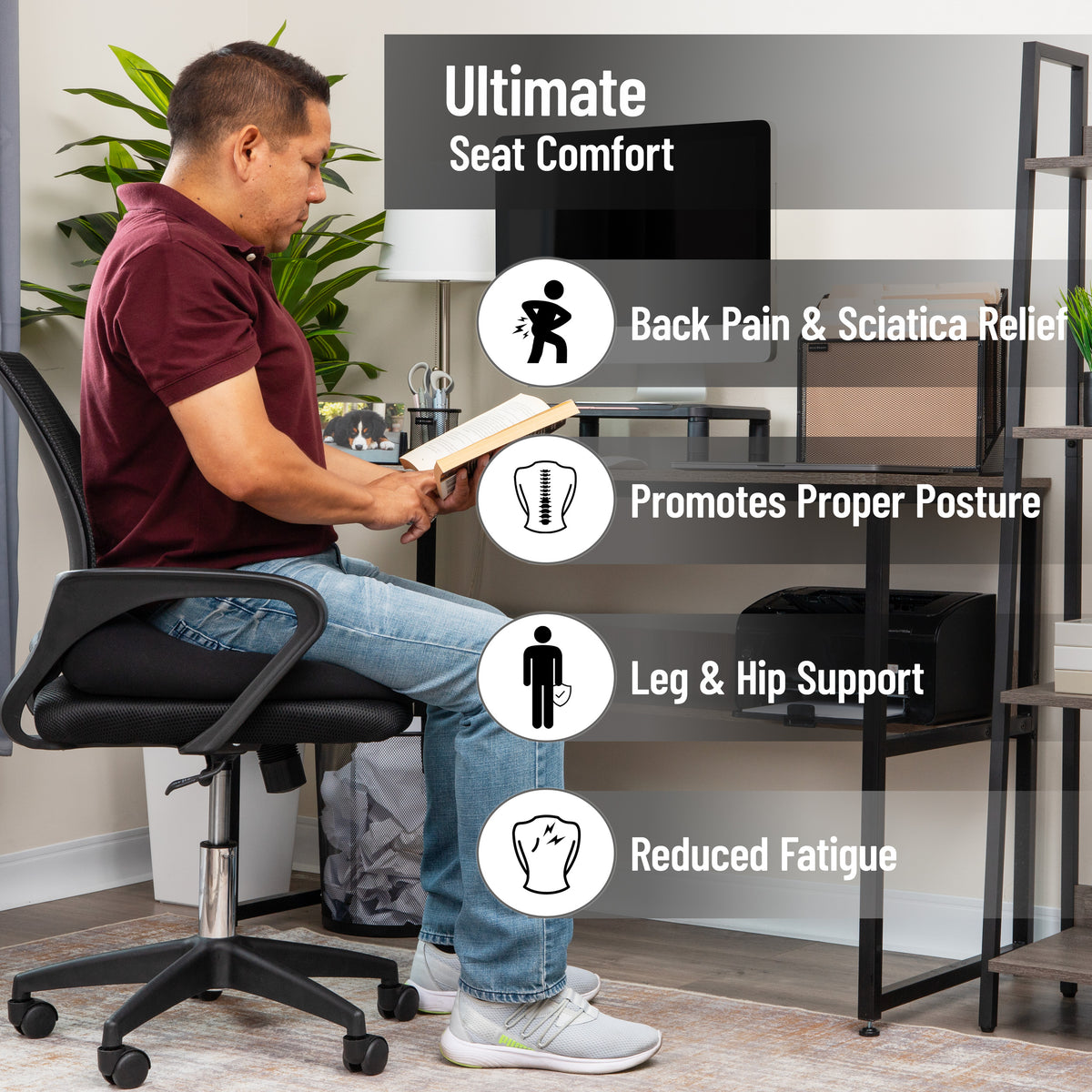 Mind Reader Air-Cloud Booster Seat Cushion for Office, Car, Wheelchair, Support Pillow with Carry Handle, Black