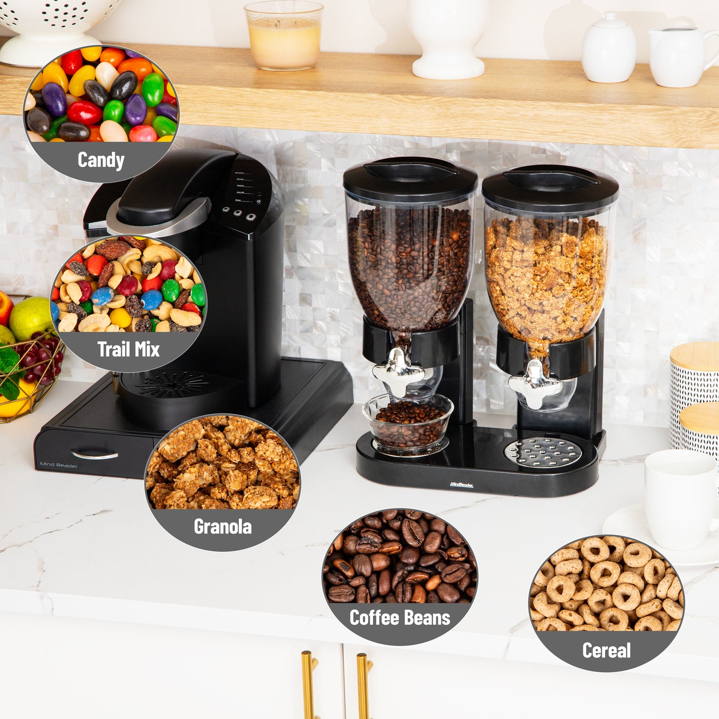 Mind Reader Double Cereal Dispenser for Countertop, 2 x 3.5L Airtight Containers, Rotating Dry Food Dispenser for Cereal, Rice, Candy, Coffee Beans, Black