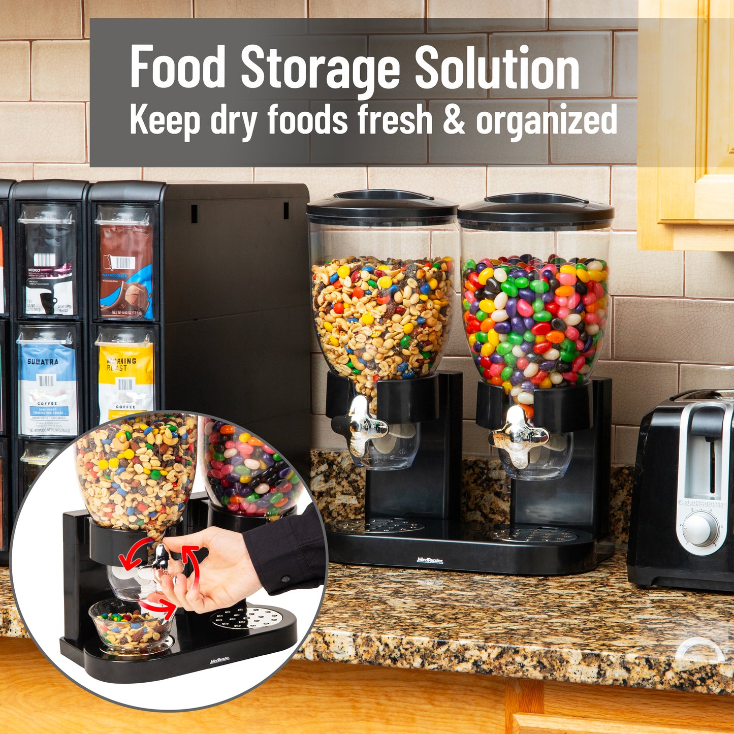 Mind Reader Double Cereal Dispenser for Countertop, 2 x 3.5L Airtight Containers, Rotating Dry Food Dispenser for Cereal, Rice, Candy, Coffee Beans, Black