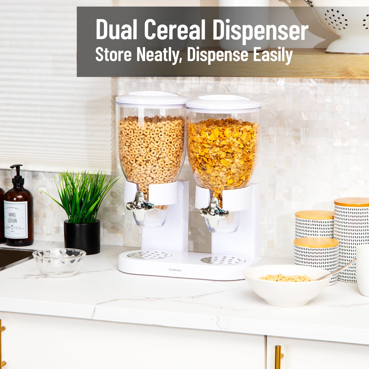 Mind Reader Double Cereal Dispenser for Countertop, 2 x 3.5L Airtight Containers, Rotating Dry Food Dispenser for Cereal, Rice, Candy, Coffee Beans, White