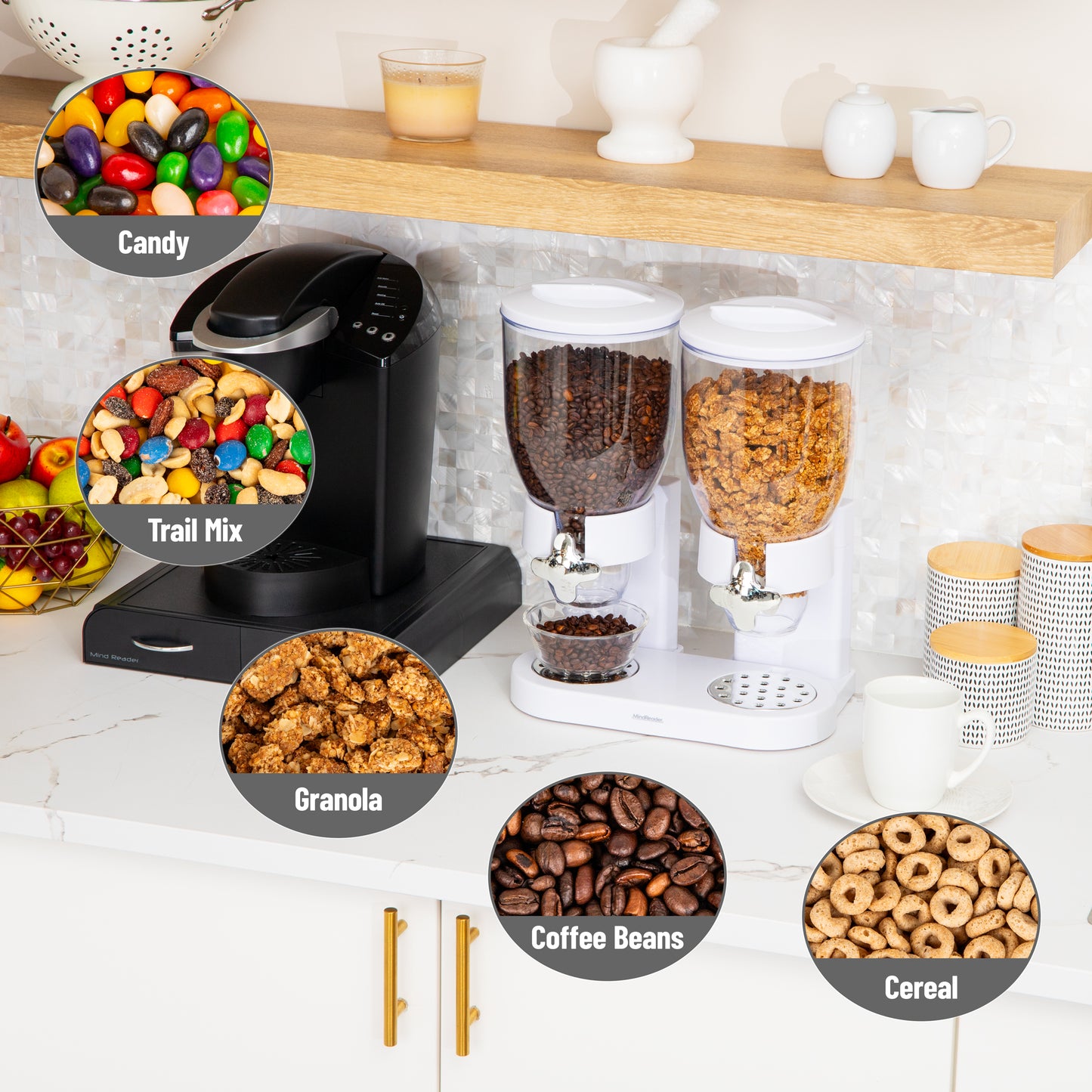 Mind Reader Double Cereal Dispenser for Countertop, 2 x 3.5L Airtight Containers, Rotating Dry Food Dispenser for Cereal, Rice, Candy, Coffee Beans, White
