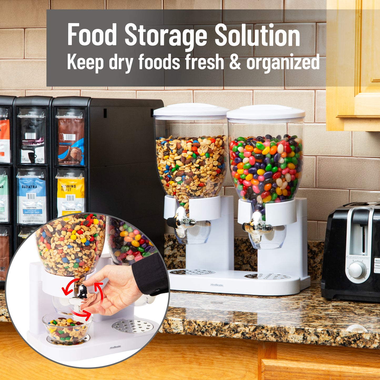Mind Reader Double Cereal Dispenser for Countertop, 2 x 3.5L Airtight Containers, Rotating Dry Food Dispenser for Cereal, Rice, Candy, Coffee Beans, White