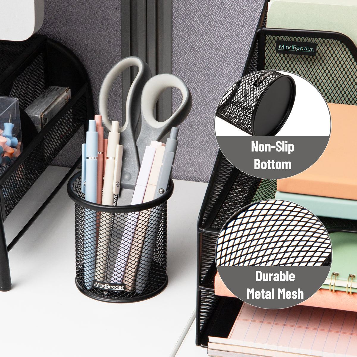 Mind Reader Metal Mesh Pen and Accessories Holders, Desktop Organizer for Office, Makeup, or Kitchen Use, Set of 3