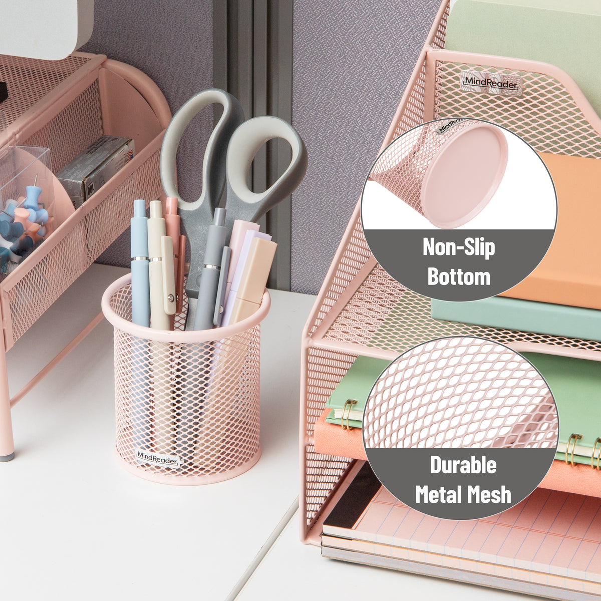 Mind Reader Metal Mesh Pen and Accessories Holders, Desktop Organizer for Office, Makeup, or Kitchen Use, Set of 3