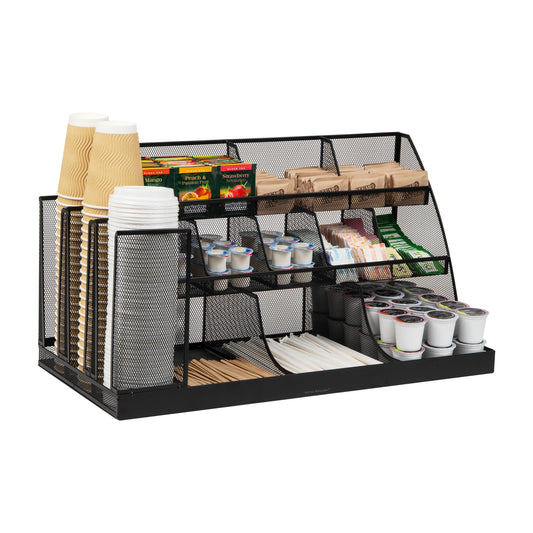 Mind Reader Cup and Condiment Station, Breakroom Countertop Organizer, 3-Tier Storage for Office Coffee Stations and Shared Spaces, Metal Mesh, Black