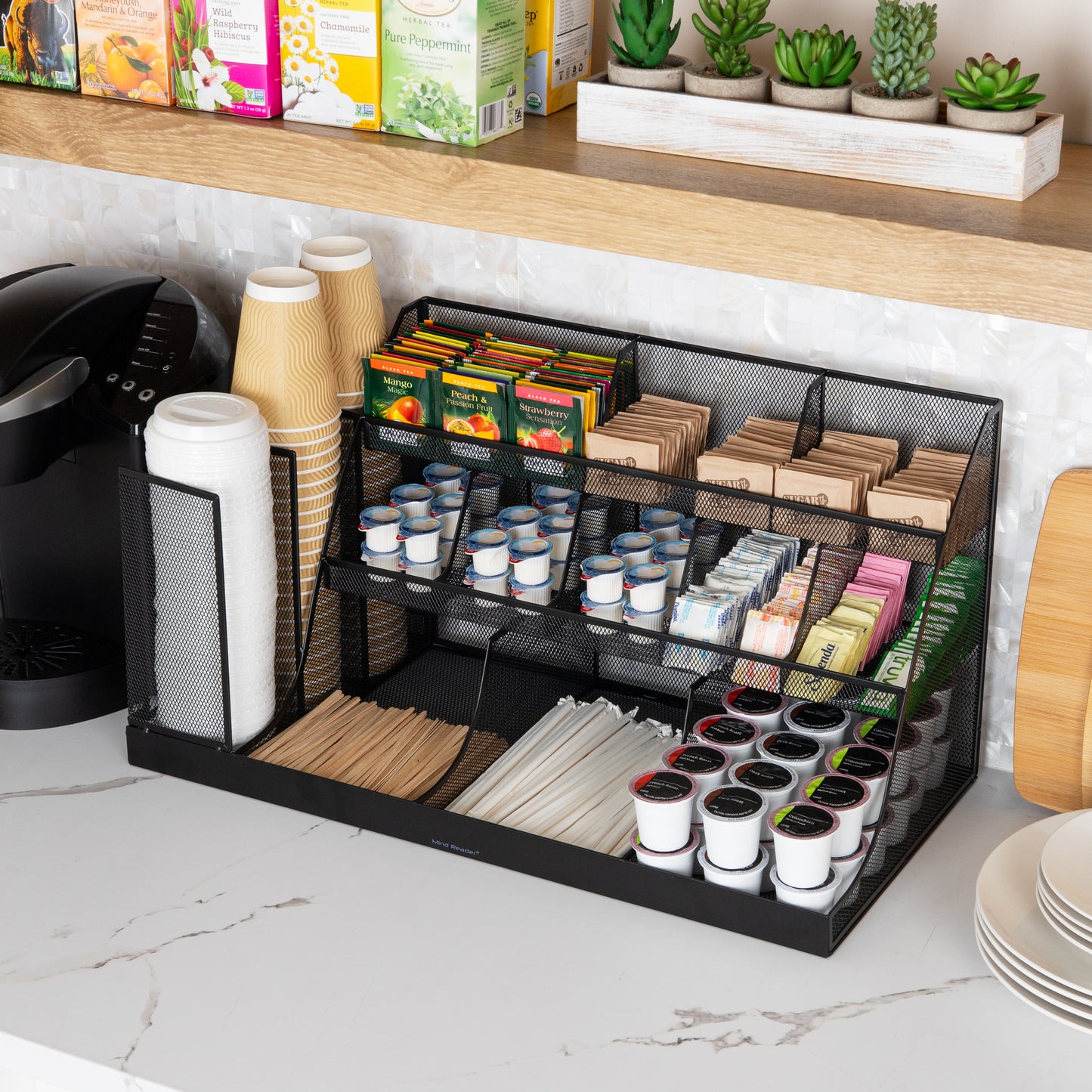 Mind Reader Cup and Condiment Station, Breakroom Countertop Organizer, 3-Tier Storage for Office Coffee Stations and Shared Spaces, Metal Mesh, Black