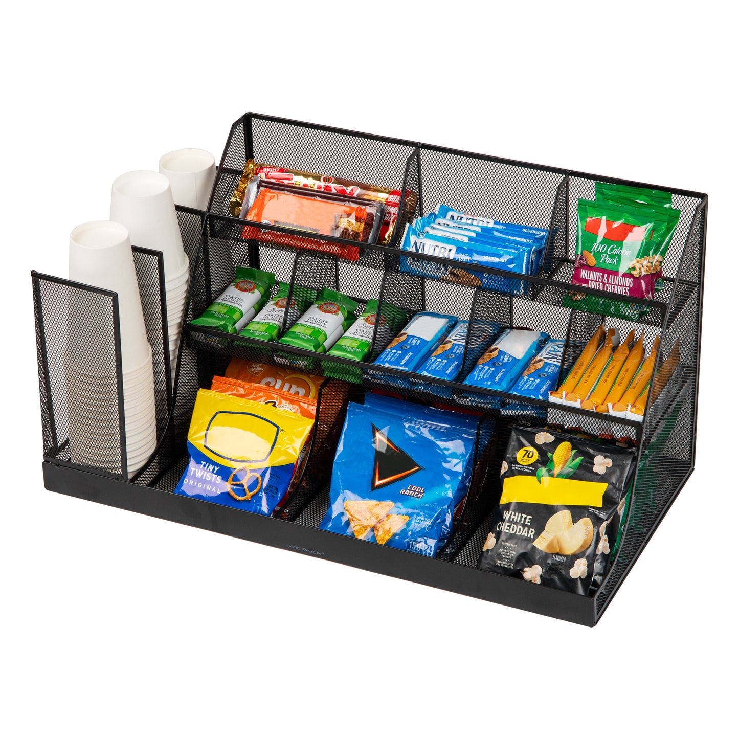 Mind Reader Cup and Condiment Station, Breakroom Countertop Organizer, 3-Tier Storage for Office Coffee Stations and Shared Spaces, Metal Mesh, Black