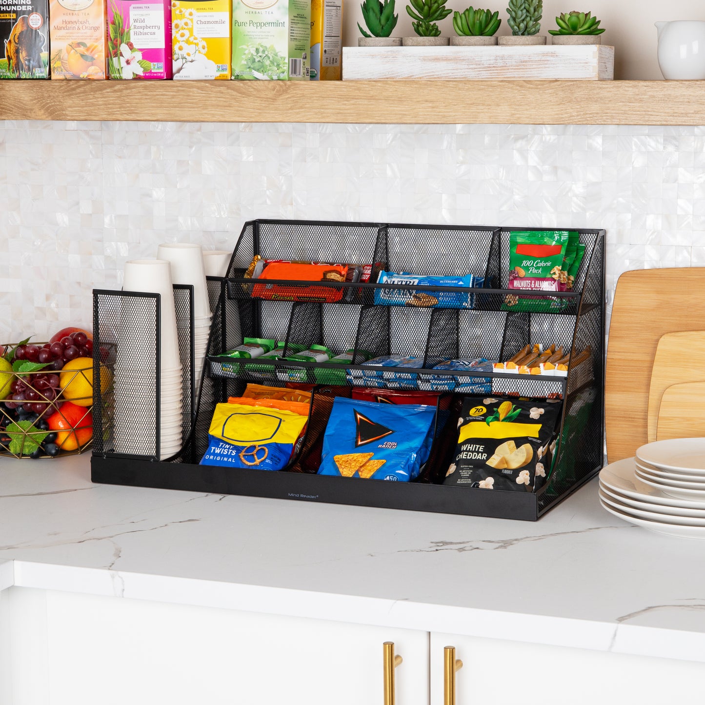 Mind Reader Cup and Condiment Station, Breakroom Countertop Organizer, 3-Tier Storage for Office Coffee Stations and Shared Spaces, Metal Mesh, Black