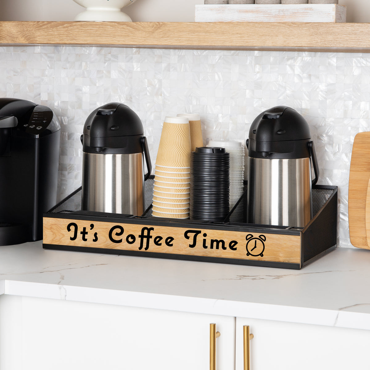 Mind Reader Airpot Serving Station, Coffee Bar Accessories, Countertop Organizer, Wire Mesh, 24"L x 12"W x 6"H, Black