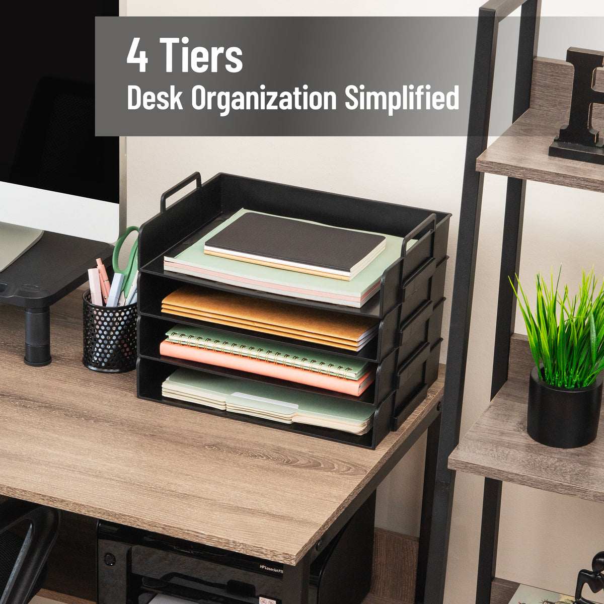 Mind Reader Stackable Paper Tray, Desktop Organizer, File Storage, Office, Plastic, 13.75"L x 10"W x 10.75"H, 4 Pcs.