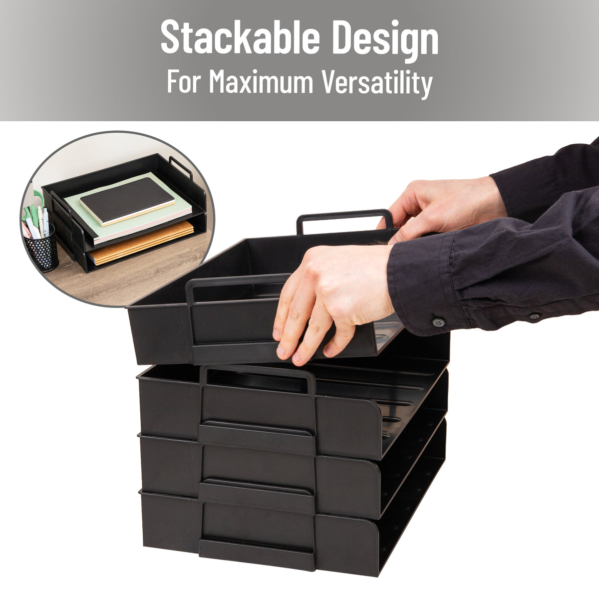 Mind Reader Stackable Paper Tray, Desktop Organizer, File Storage, Office, Plastic, 13.75"L x 10"W x 10.75"H, 4 Pcs.