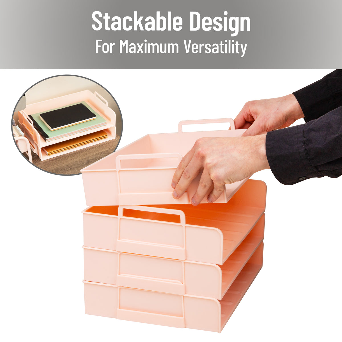 Mind Reader Stackable Paper Tray, Desktop Organizer, File Storage, Office, Plastic, 13.75"L x 10"W x 10.75"H, 4 Pcs.