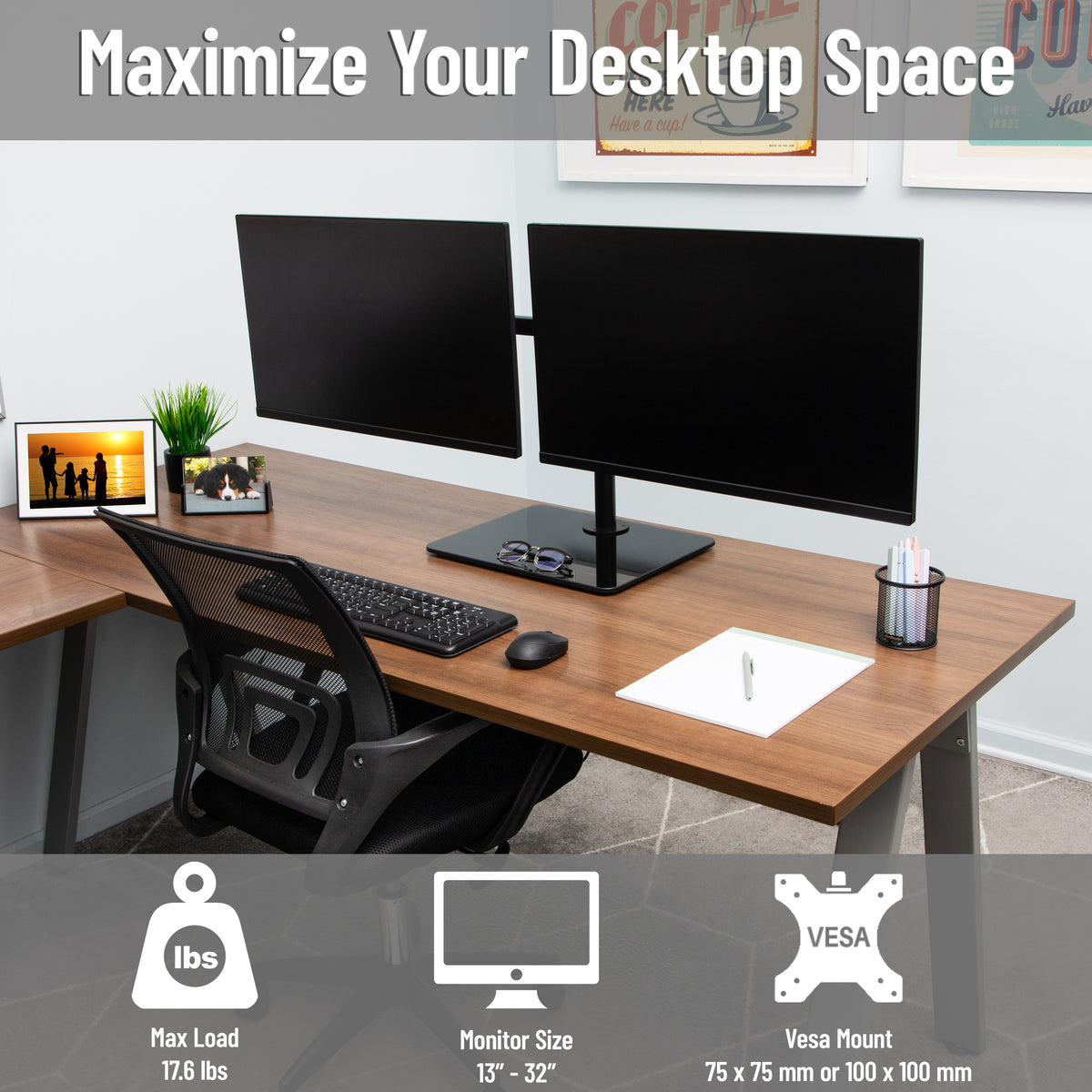 Mind Reader Freestanding Dual Monitor Desk Mount for 13"-32" Screens , VESA 75x75/100x100, Full Motion with 180° Rotation, ±90° Swivel, ±45° Tilt, Holds Up to 17.6 lbs Each – No Clamp, Base Stand with Cable Management, Black
