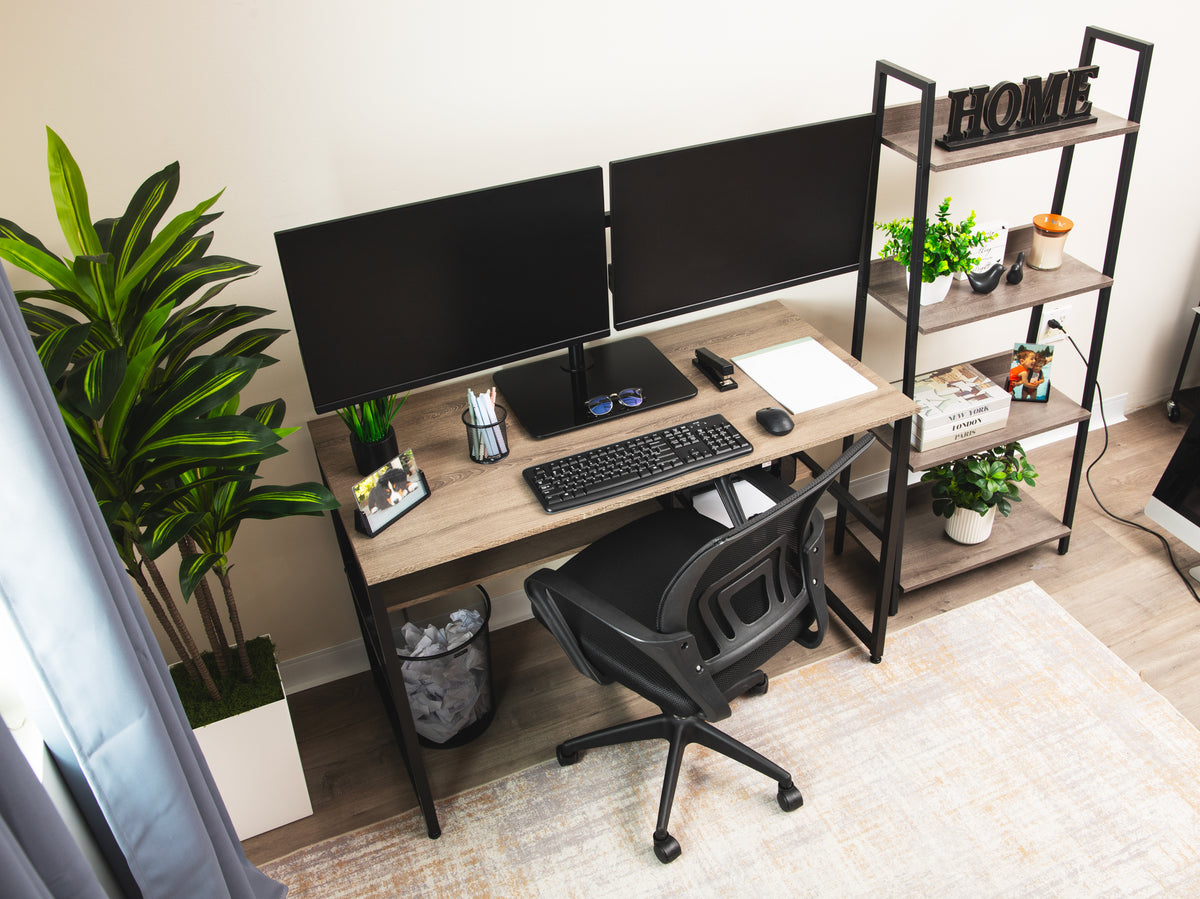 Mind Reader Freestanding Dual Monitor Desk Mount for 13"-32" Screens , VESA 75x75/100x100, Full Motion with 180° Rotation, ±90° Swivel, ±45° Tilt, Holds Up to 17.6 lbs Each – No Clamp, Base Stand with Cable Management, Black