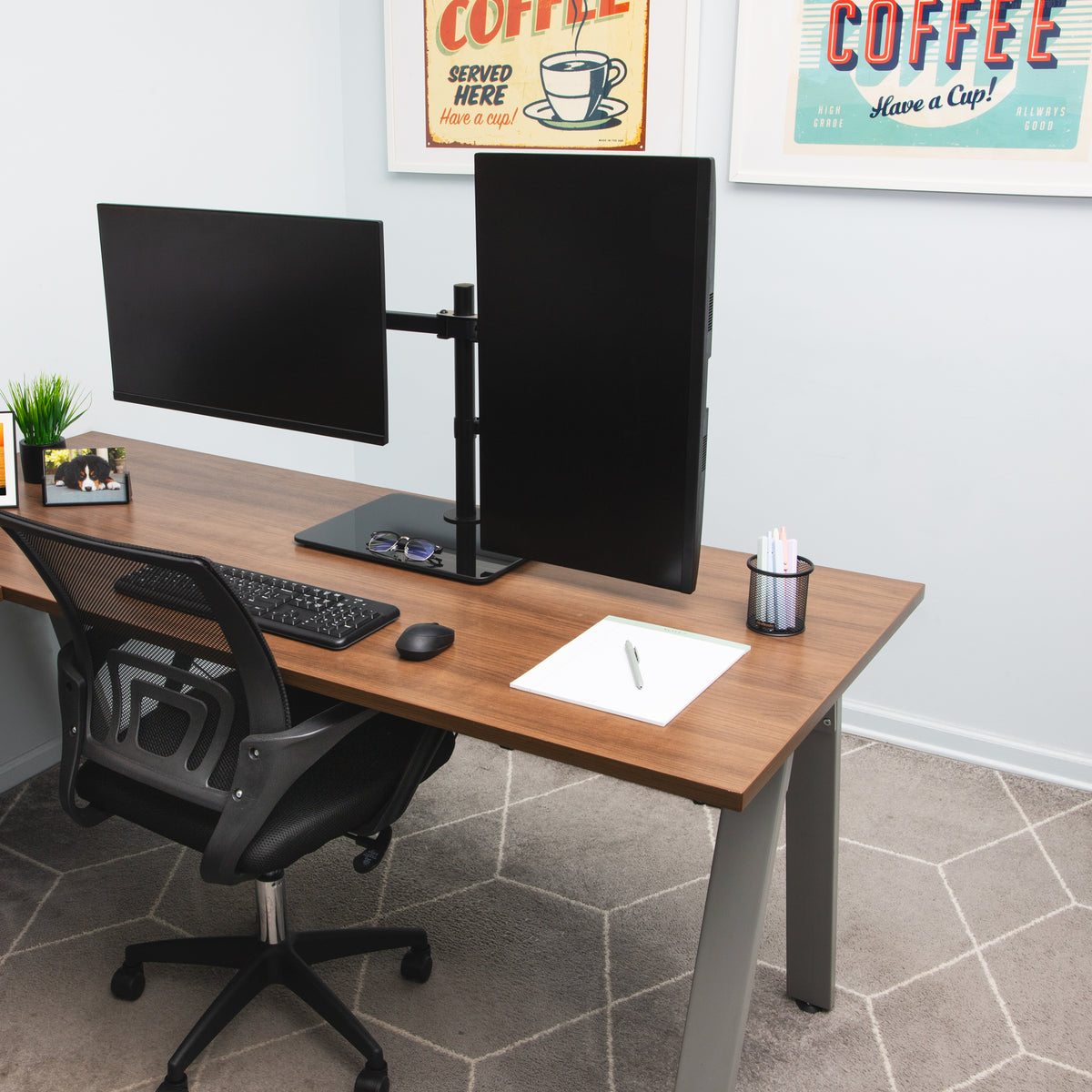 Mind Reader Freestanding Dual Monitor Desk Mount for 13"-32" Screens , VESA 75x75/100x100, Full Motion with 180° Rotation, ±90° Swivel, ±45° Tilt, Holds Up to 17.6 lbs Each – No Clamp, Base Stand with Cable Management, Black