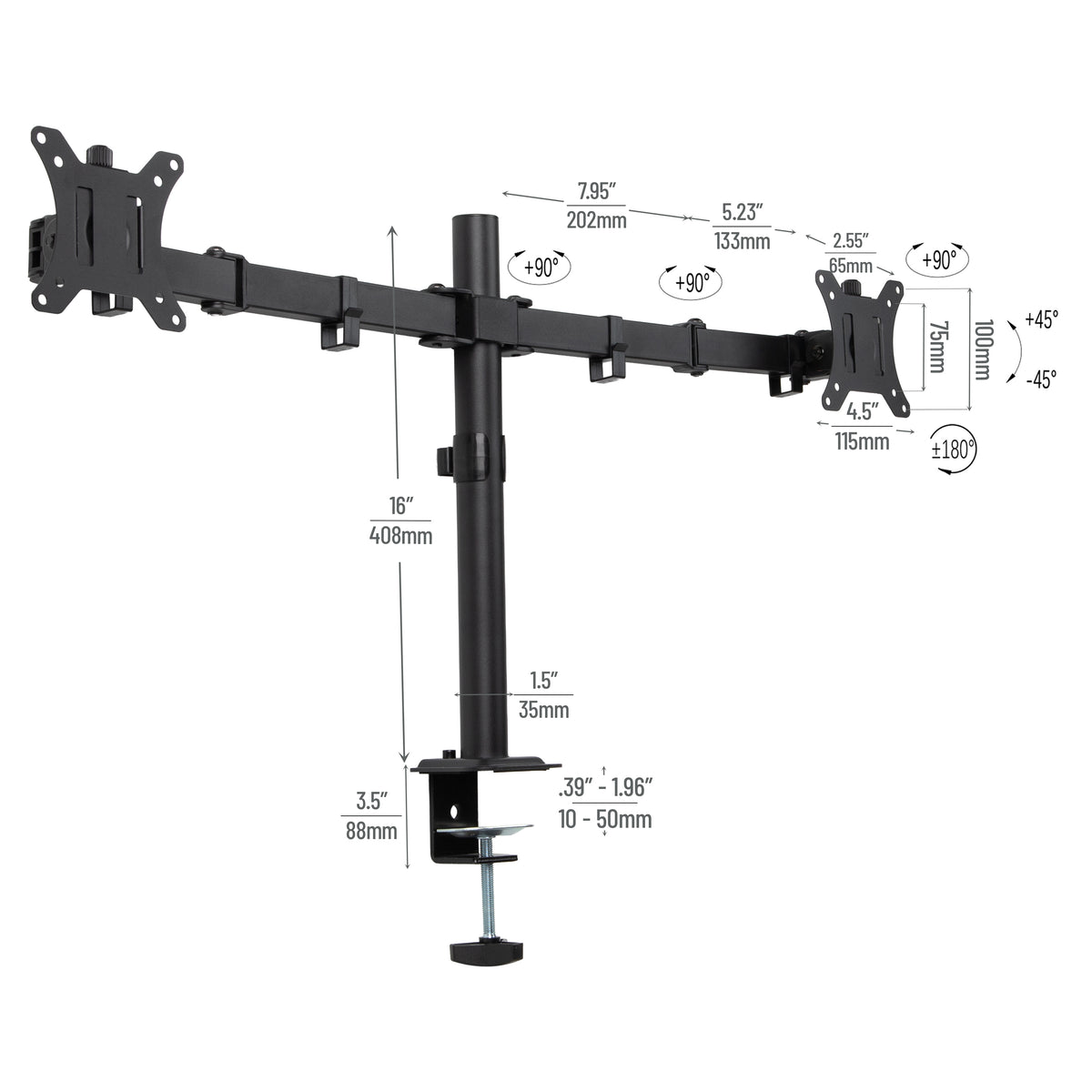 Mind Reader Dual Monitor Desk Mount for 13"-32" Screens, Adjustable VESA Mount with 180° Rotation, ±90° Swivel, ±45° Tilt, Integrated Cable Management, 17.6 lb Capacity Each, Black