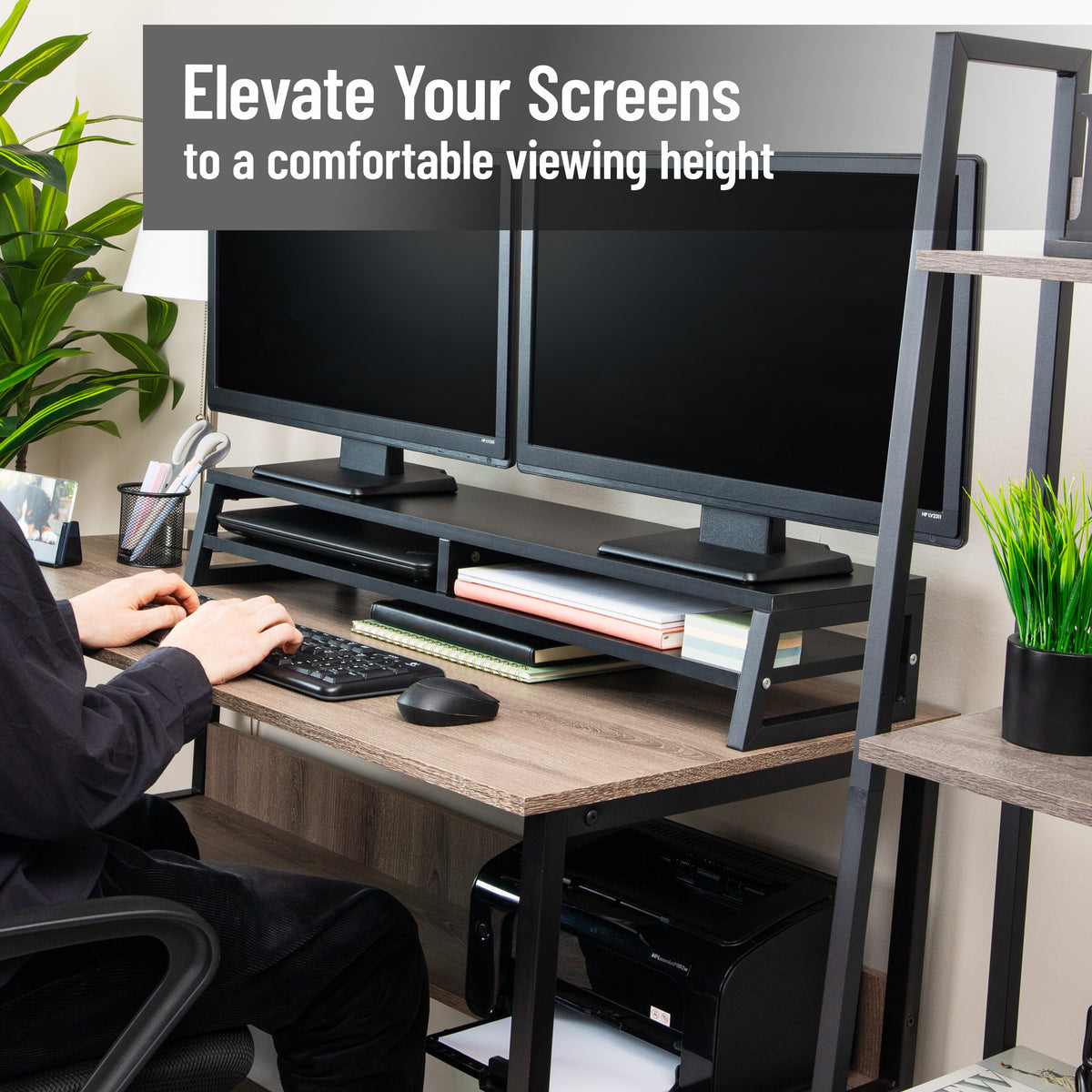 Mind Reader 2-Tier MDF Double Monitor Stand, Dual Screen Riser with Storage Shelf, 33.75 Inch Wide, 88 lb Capacity, Black