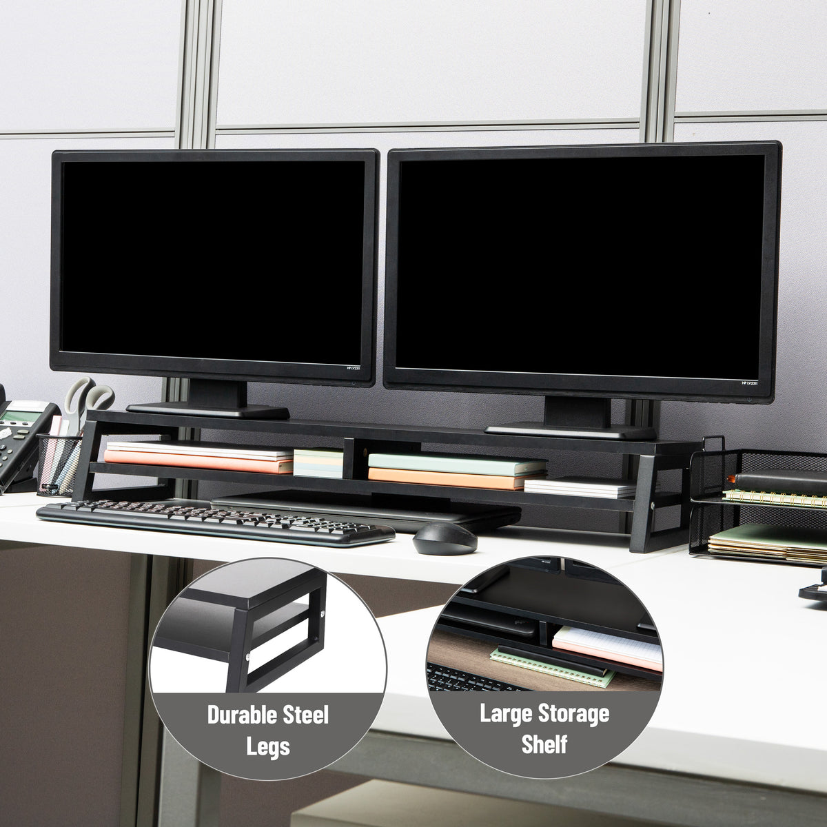 Mind Reader 2-Tier MDF Double Monitor Stand, Dual Screen Riser with Storage Shelf, 33.75 Inch Wide, 88 lb Capacity, Black