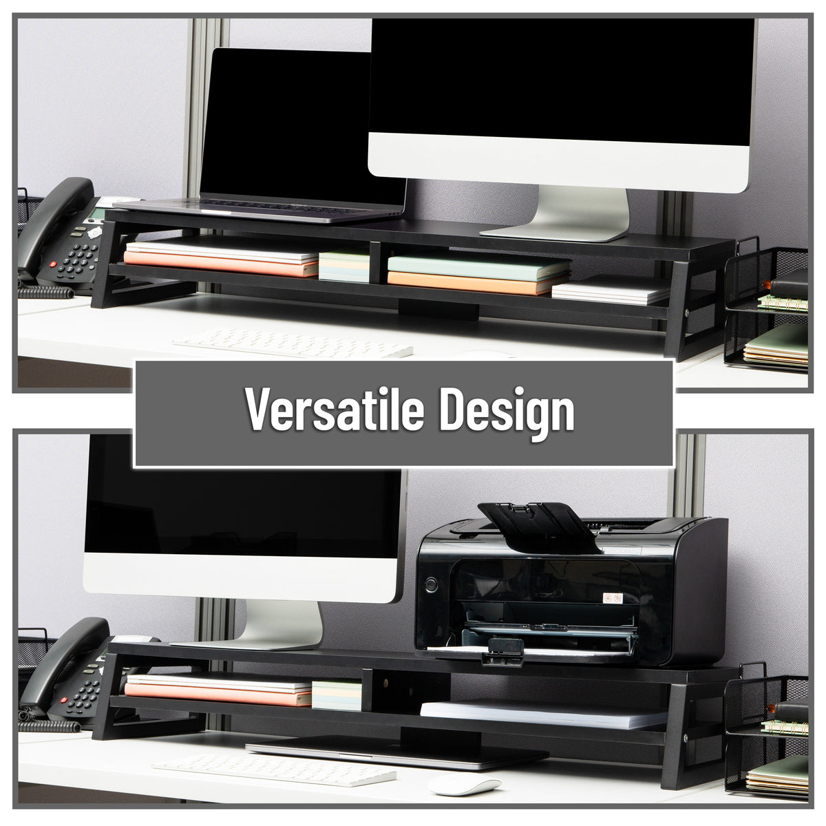 Mind Reader 2-Tier MDF Double Monitor Stand, Dual Screen Riser with Storage Shelf, 33.75 Inch Wide, 88 lb Capacity, Black