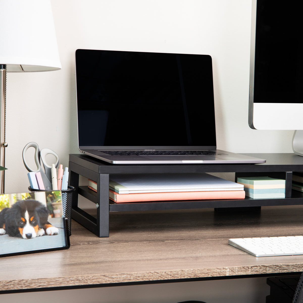 Mind Reader 2-Tier MDF Double Monitor Stand, Dual Screen Riser with Storage Shelf, 33.75 Inch Wide, 88 lb Capacity, Black