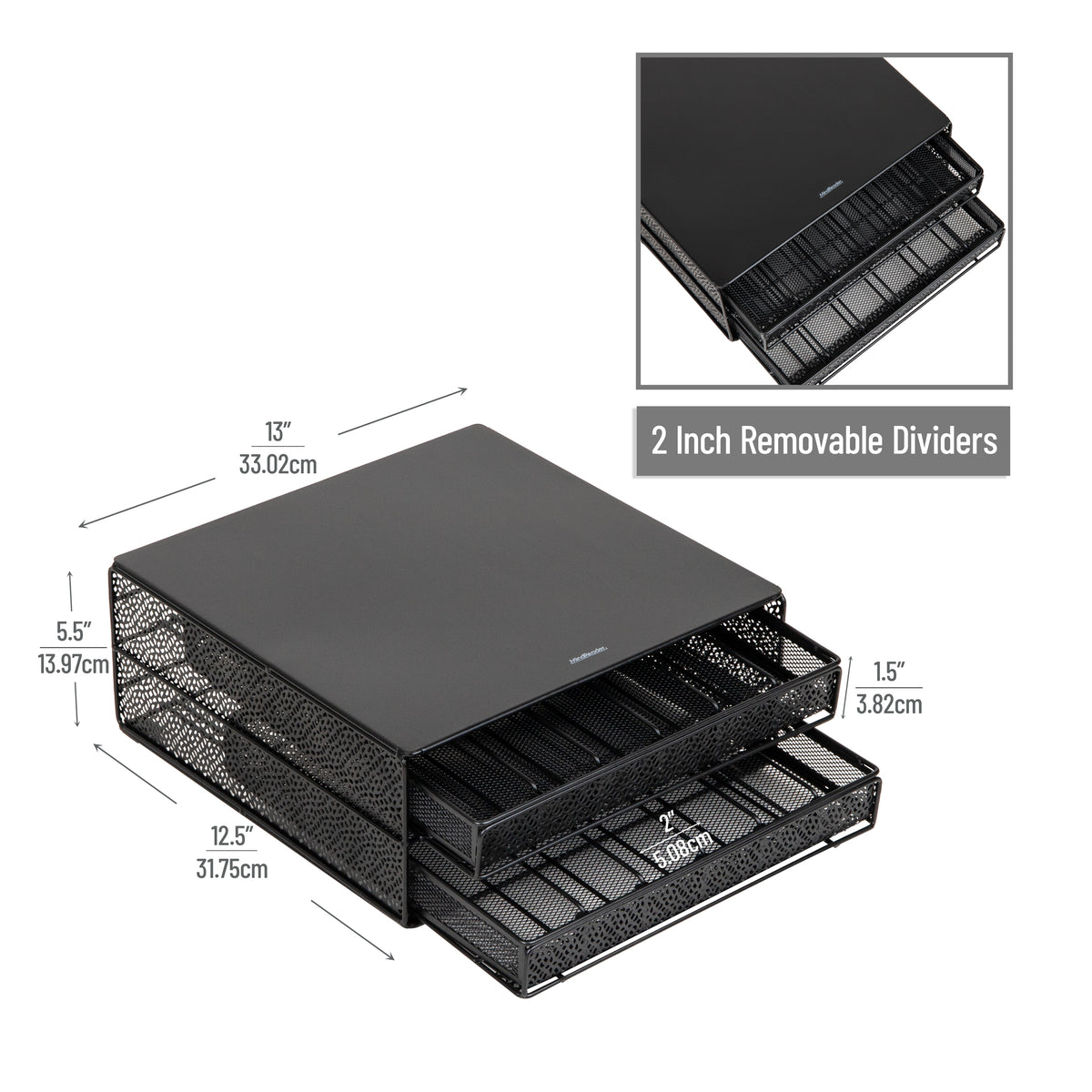 Mind Reader 2-Drawer Coffee Pod Organizer with Removable Dividers, 72 Pod Capacity, Monitor Stand Desktop Organizer, Metal Mesh, Black