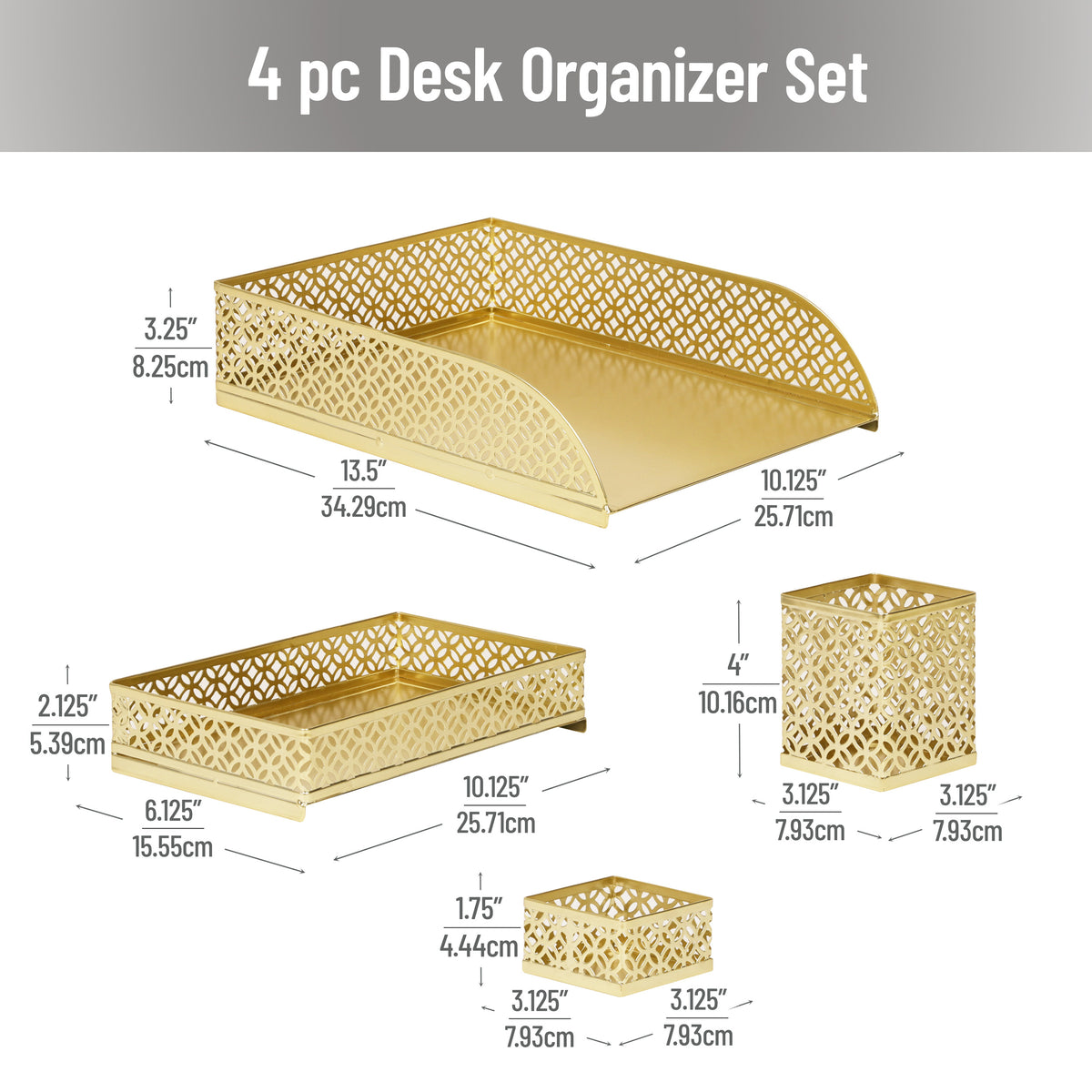 Mind Reader Gold Desk Organizer Set, Includes Pen Cup, Catchall Tray, File Box & Paper Tray, 4-Piece Metal Desktop Accessory Kit