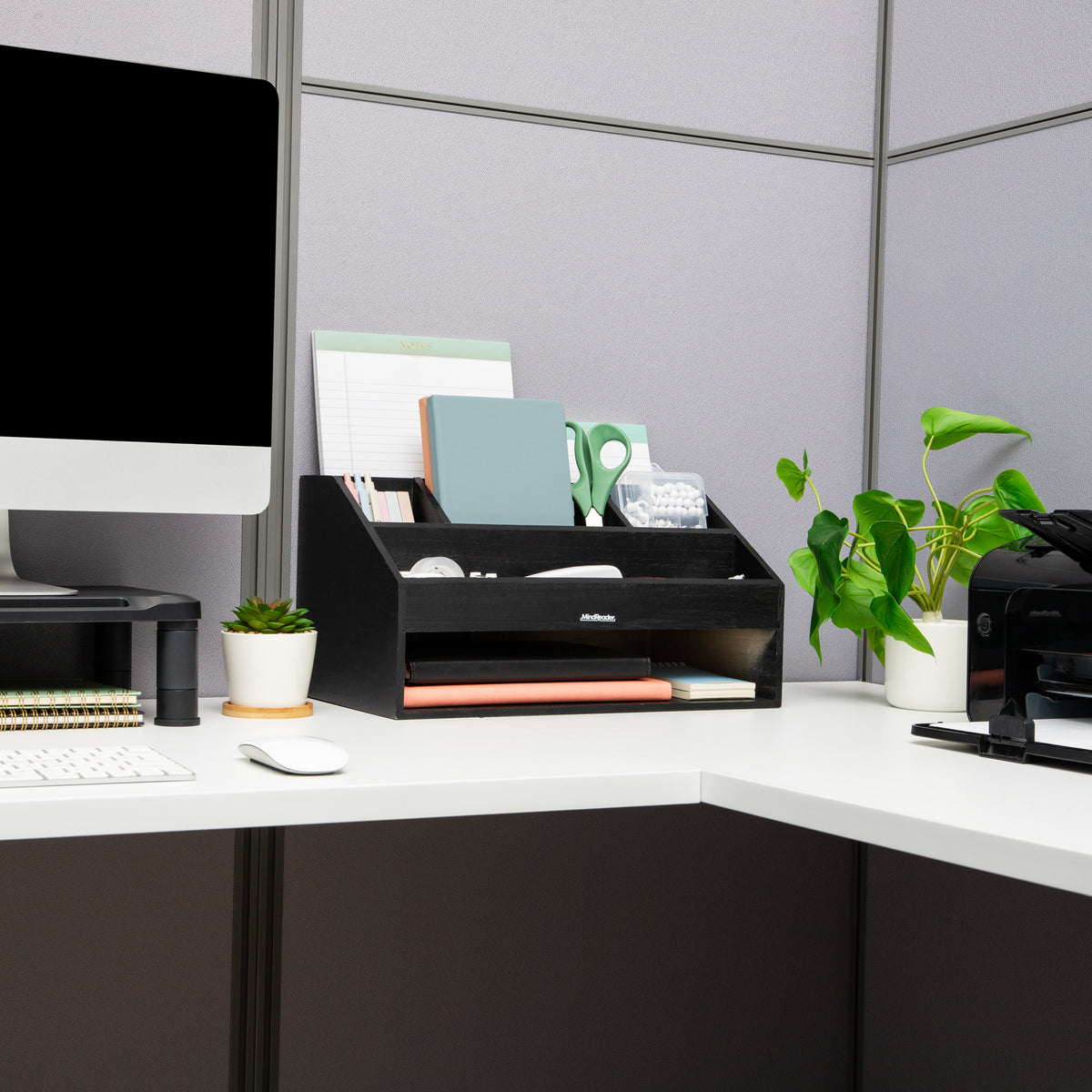 Mind Reader Desk Organizer, File Storage, Accessory Holder, Cord Management, Office, Wood, 16.25"L x 9.5"W x 8.5"H, Black