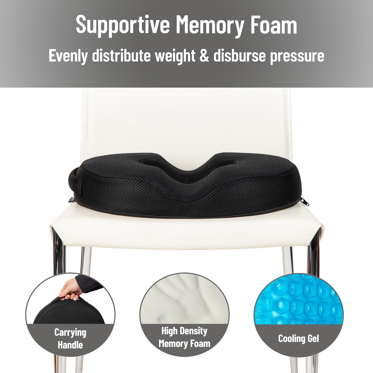 Mind Reader Air-Cloud Gel Donut Pillow, Ergonomic Memory Foam Seat Cushion with Cooling Core, Tailbone, Hemorrhoid, Pregnancy Relief, Black